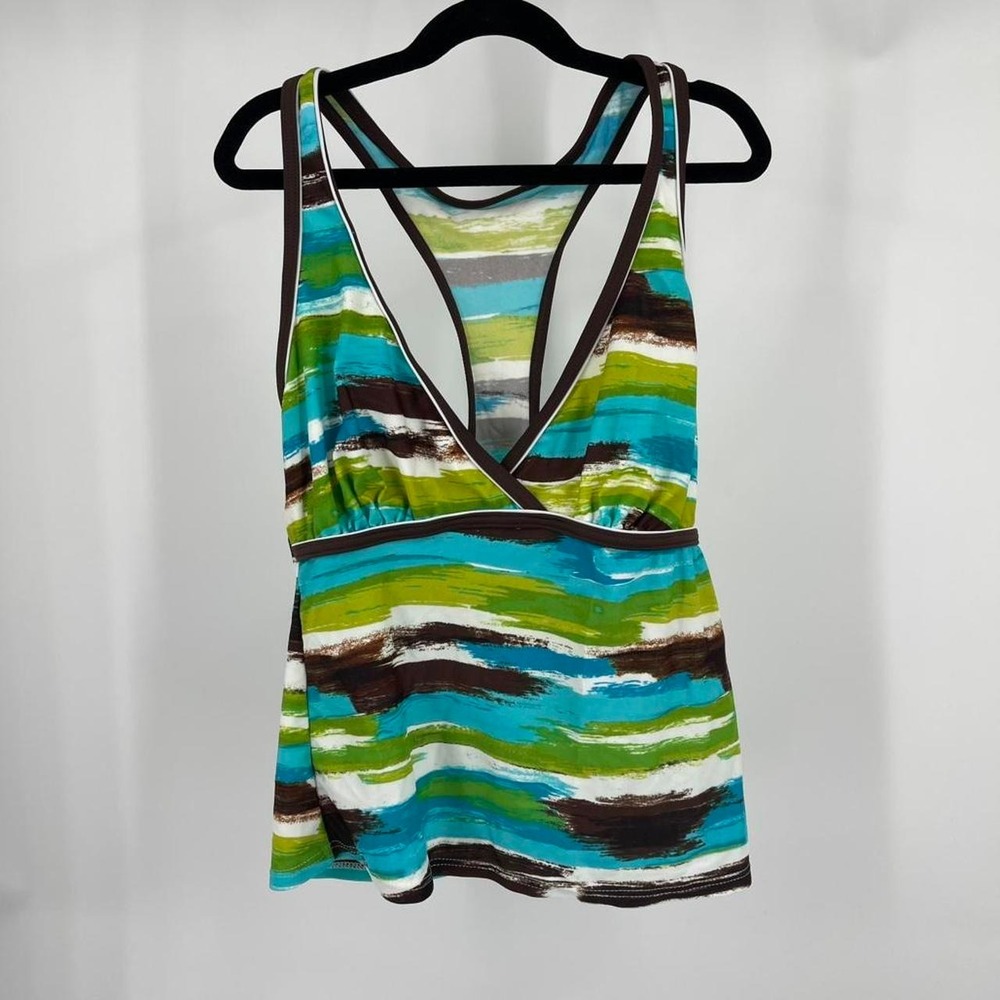Y2K Striped Halter Tankini Swim Top Brown Green Boho Beachy Tropical Small